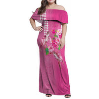 Hawaii Aloha Turtle Hibiscus and Leaves Family Matching Off Shoulder Maxi Dress and Hawaiian Shirt with Polynesian and Kakau Tattoos Rose Color LT03 Mom's Dress Pink - Polynesian Pride