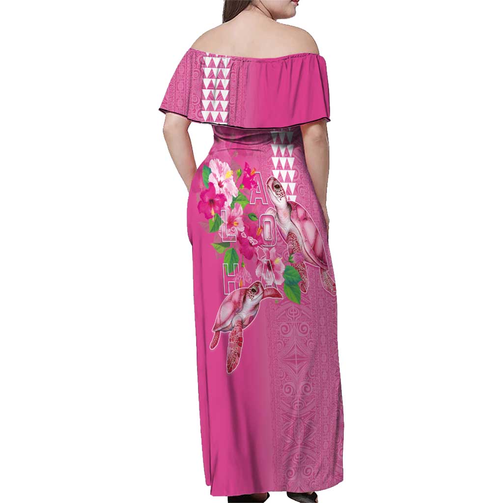 Hawaii Aloha Turtle Hibiscus and Leaves Family Matching Off Shoulder Maxi Dress and Hawaiian Shirt with Polynesian and Kakau Tattoos Rose Color LT03 - Polynesian Pride