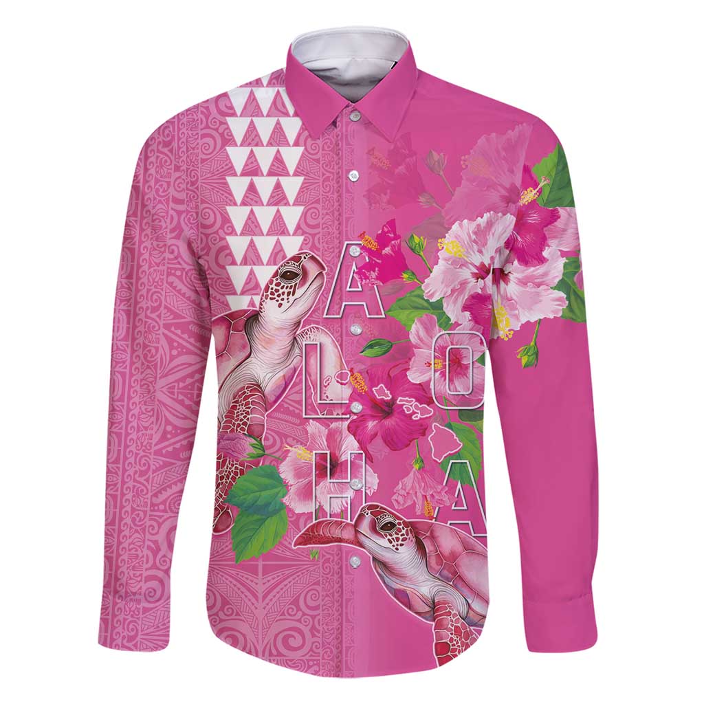 Hawaii Aloha Turtle Hibiscus and Leaves Family Matching Off Shoulder Short Dress and Hawaiian Shirt with Polynesian and Kakau Tattoos Rose Color LT03 Dad's Shirt - Long Sleeve Pink - Polynesian Pride