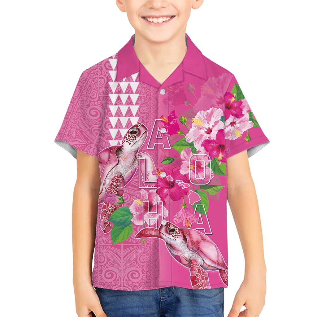 Hawaii Aloha Turtle Hibiscus and Leaves Family Matching Puletasi and Hawaiian Shirt with Polynesian and Kakau Tattoos Rose Color LT03 Son's Shirt Pink - Polynesian Pride