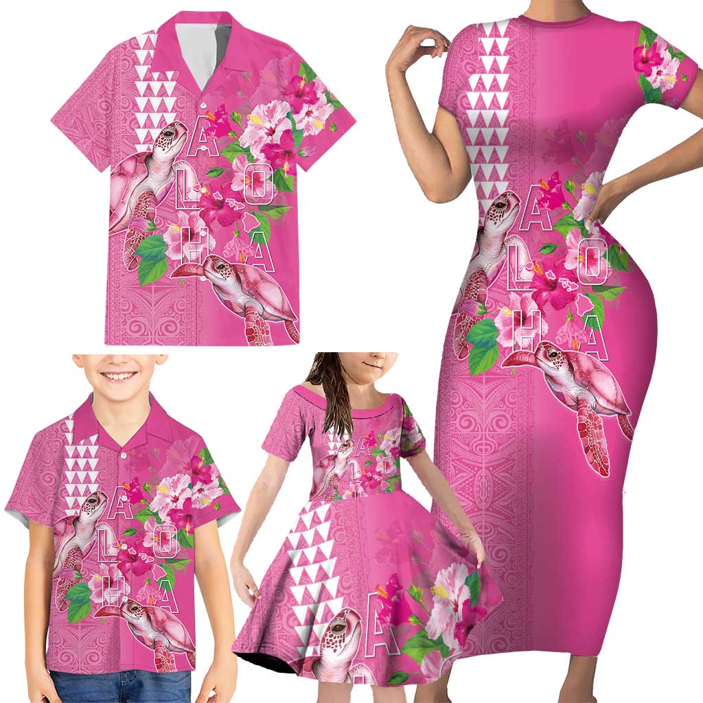 Hawaii Aloha Turtle Hibiscus and Leaves Family Matching Short Sleeve Bodycon Dress and Hawaiian Shirt with Polynesian and Kakau Tattoos Rose Color LT03 - Polynesian Pride