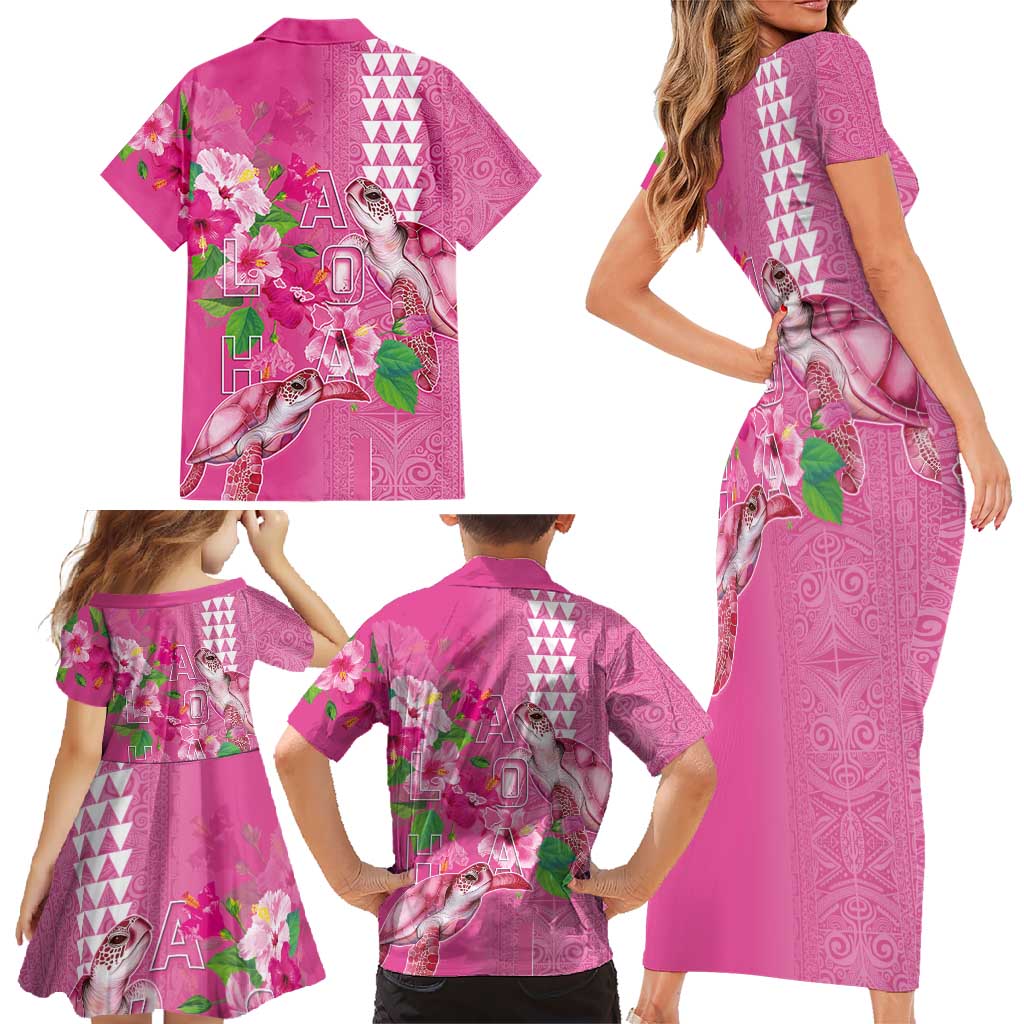 Hawaii Aloha Turtle Hibiscus and Leaves Family Matching Short Sleeve Bodycon Dress and Hawaiian Shirt with Polynesian and Kakau Tattoos Rose Color LT03 - Polynesian Pride