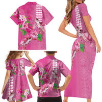 Hawaii Aloha Turtle Hibiscus and Leaves Family Matching Short Sleeve Bodycon Dress and Hawaiian Shirt with Polynesian and Kakau Tattoos Rose Color LT03 - Polynesian Pride