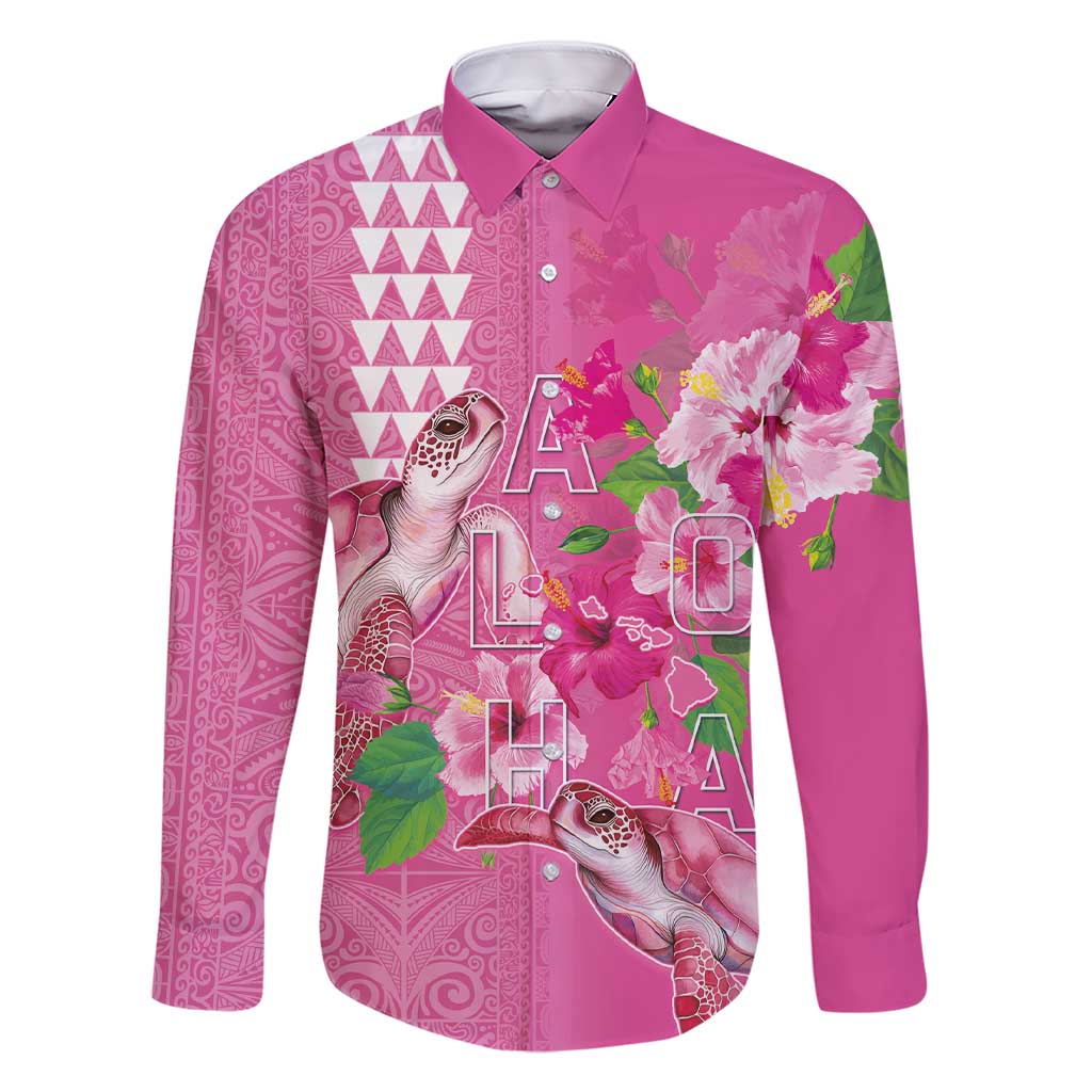 Hawaii Aloha Turtle Hibiscus and Leaves Family Matching Short Sleeve Bodycon Dress and Hawaiian Shirt with Polynesian and Kakau Tattoos Rose Color LT03 Dad's Shirt - Long Sleeve Pink - Polynesian Pride