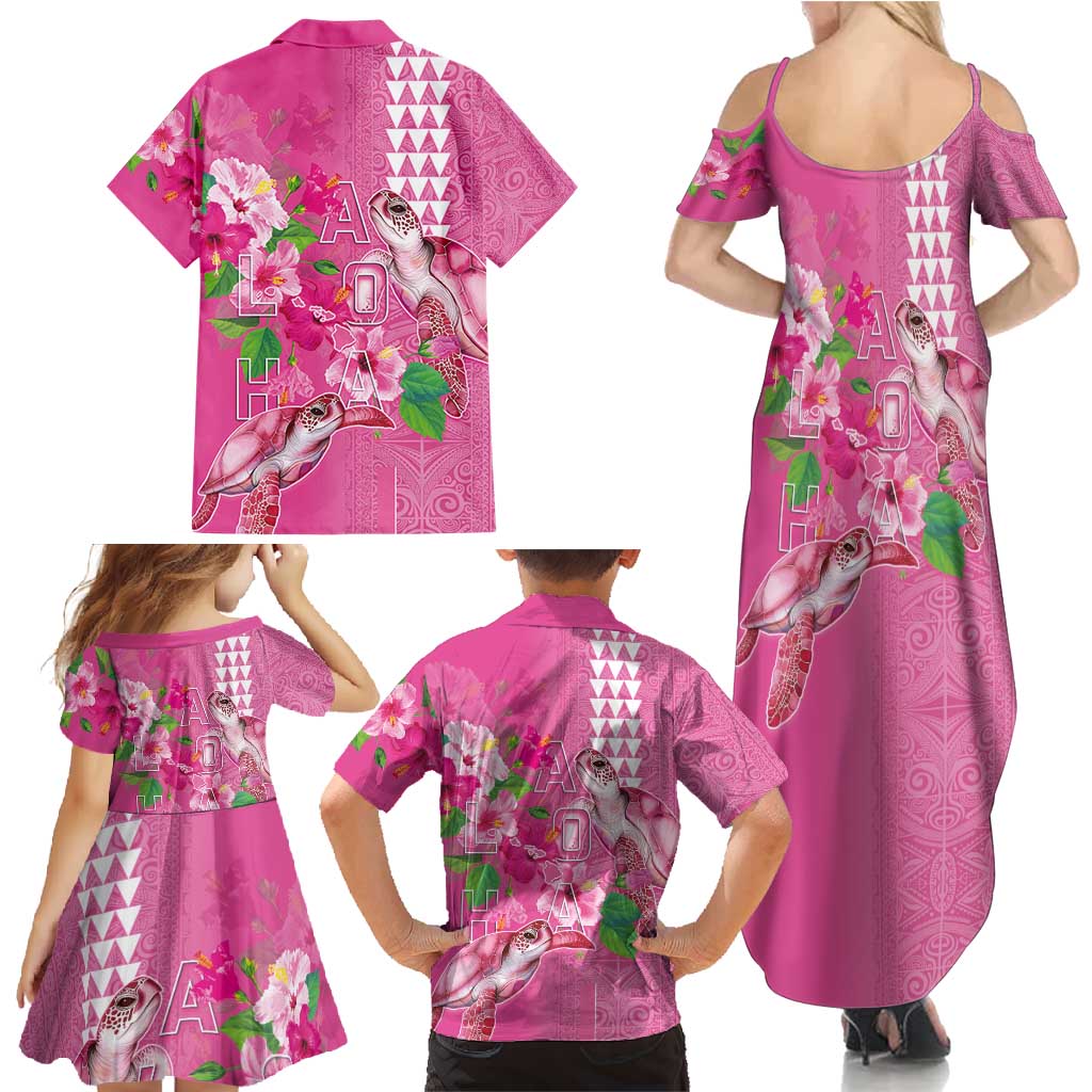 Hawaii Aloha Turtle Hibiscus and Leaves Family Matching Summer Maxi Dress and Hawaiian Shirt with Polynesian and Kakau Tattoos Rose Color LT03 - Polynesian Pride