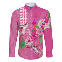 Hawaii Aloha Turtle Hibiscus and Leaves Family Matching Summer Maxi Dress and Hawaiian Shirt with Polynesian and Kakau Tattoos Rose Color LT03 Dad's Shirt - Long Sleeve Pink - Polynesian Pride