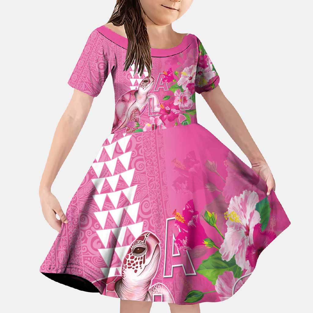 Hawaii Aloha Turtle Hibiscus and Leaves Family Matching Tank Maxi Dress and Hawaiian Shirt with Polynesian and Kakau Tattoos Rose Color LT03 Daughter's Dress Pink - Polynesian Pride