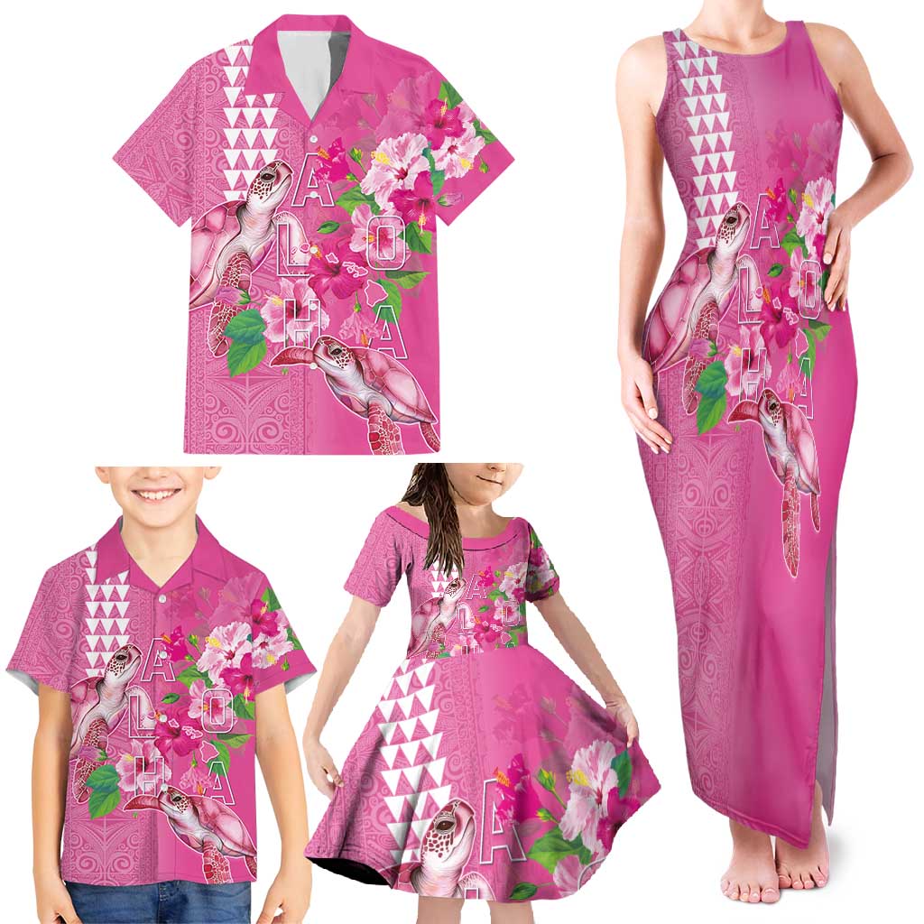 Hawaii Aloha Turtle Hibiscus and Leaves Family Matching Tank Maxi Dress and Hawaiian Shirt with Polynesian and Kakau Tattoos Rose Color LT03 - Polynesian Pride
