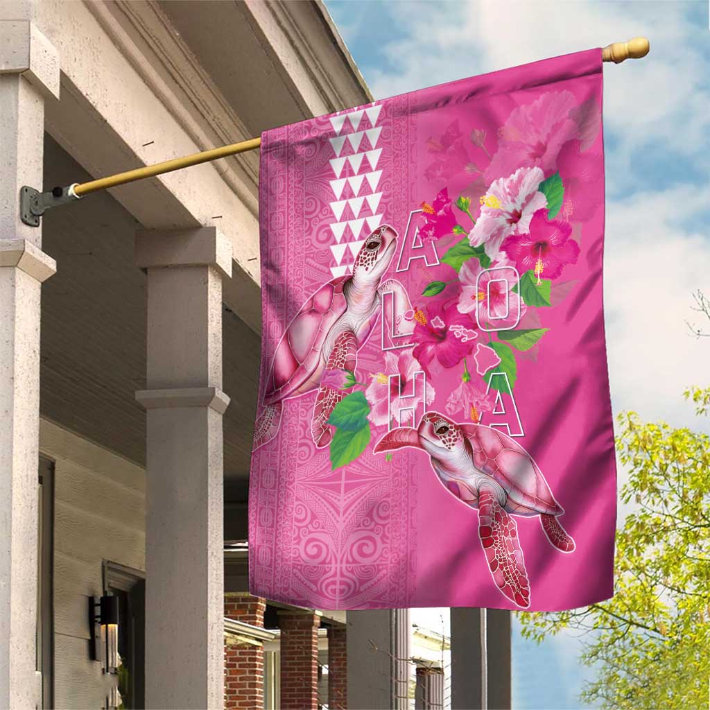 Hawaii Aloha Turtle Hibiscus and Leaves Garden Flag with Polynesian and Kakau Tattoos Rose Color - Polynesian Pride