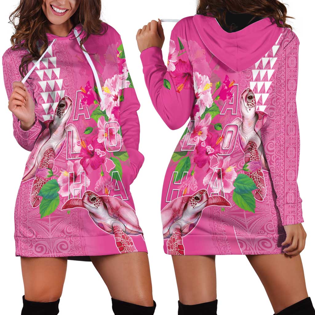 Hawaii Aloha Turtle Hibiscus and Leaves Hoodie Dress with Polynesian and Kakau Tattoos Rose Color LT03 - Polynesian Pride