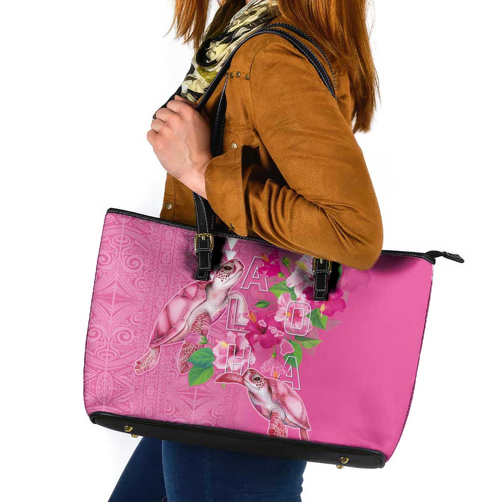 Hawaii Aloha Turtle Hibiscus and Leaves Leather Tote Bag with Polynesian and Kakau Tattoos Rose Color - Polynesian Pride