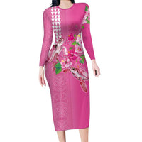 Hawaii Aloha Turtle Hibiscus and Leaves Long Sleeve Bodycon Dress with Polynesian and Kakau Tattoos Rose Color LT03 Long Dress Pink - Polynesian Pride