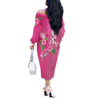 Hawaii Aloha Turtle Hibiscus and Leaves Off The Shoulder Long Sleeve Dress with Polynesian and Kakau Tattoos Rose Color LT03 - Polynesian Pride
