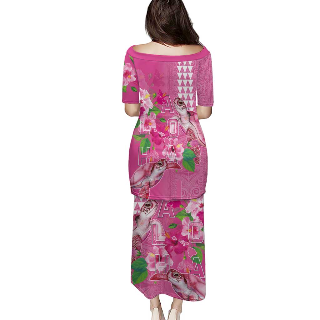 Hawaii Aloha Turtle Hibiscus and Leaves Puletasi with Polynesian and Kakau Tattoos Rose Color - Polynesian Pride