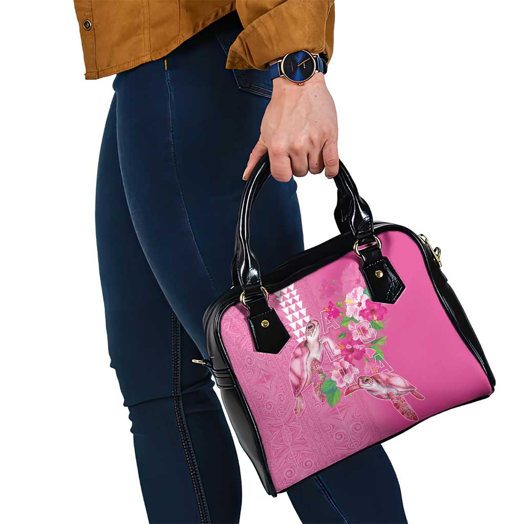 Hawaii Aloha Turtle Hibiscus and Leaves Shoulder Handbag with Polynesian and Kakau Tattoos Rose Color - Polynesian Pride