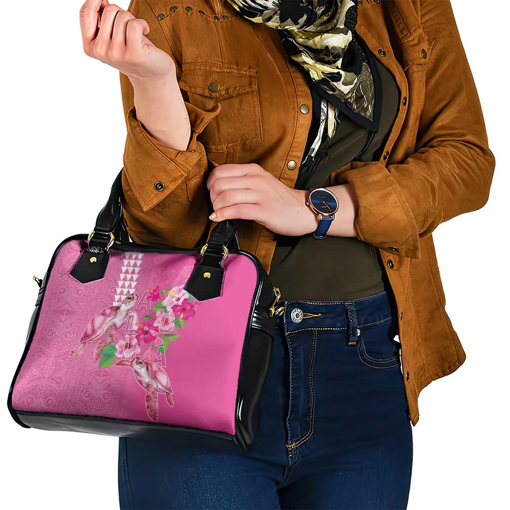 Hawaii Aloha Turtle Hibiscus and Leaves Shoulder Handbag with Polynesian and Kakau Tattoos Rose Color - Polynesian Pride
