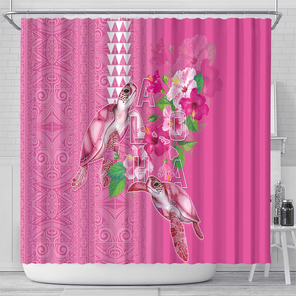 Hawaii Aloha Turtle Hibiscus and Leaves Shower Curtain with Polynesian and Kakau Tattoos Rose Color - Polynesian Pride