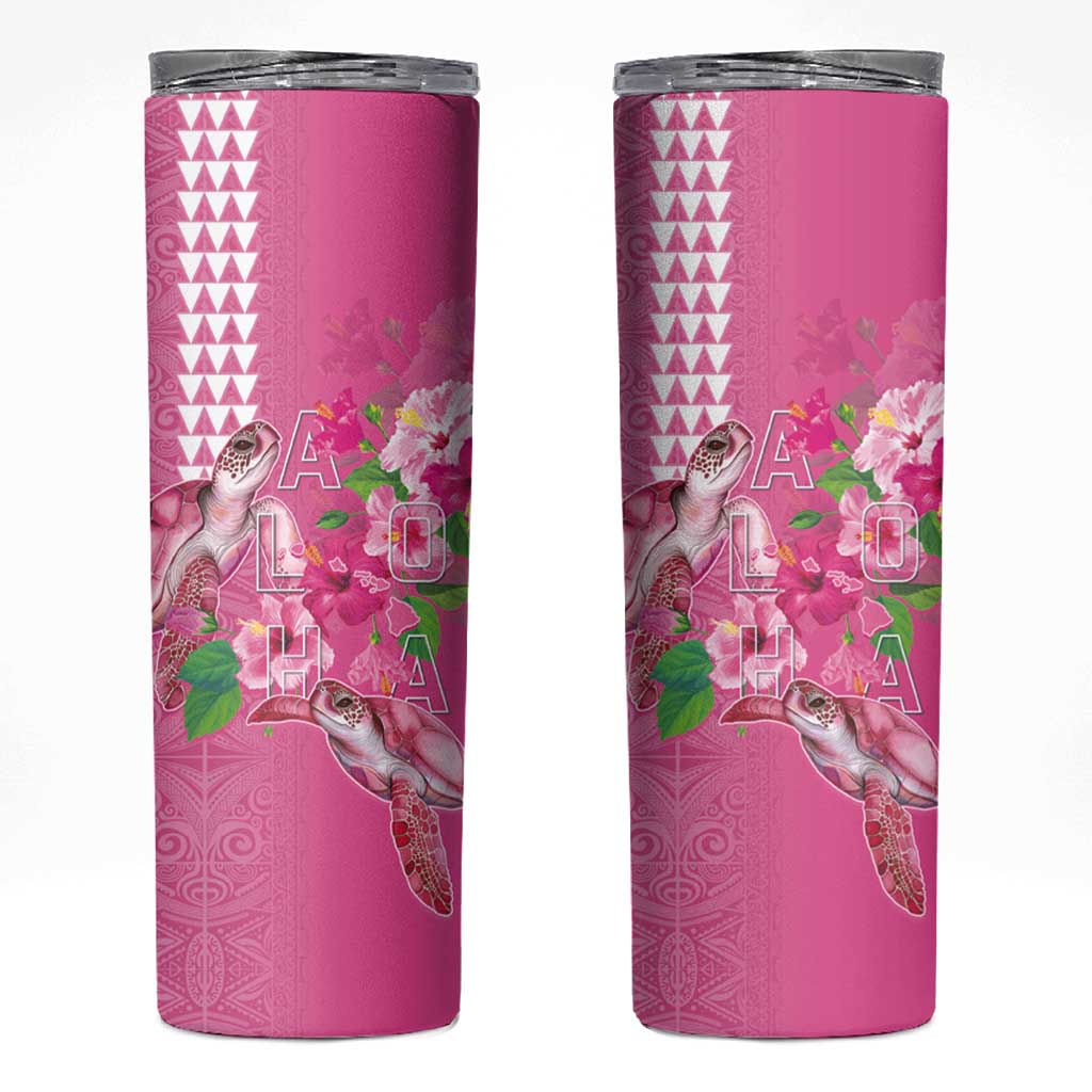 Hawaii Aloha Turtle Hibiscus and Leaves Skinny Tumbler with Polynesian and Kakau Tattoos Rose Color LT03 Pink - Polynesian Pride
