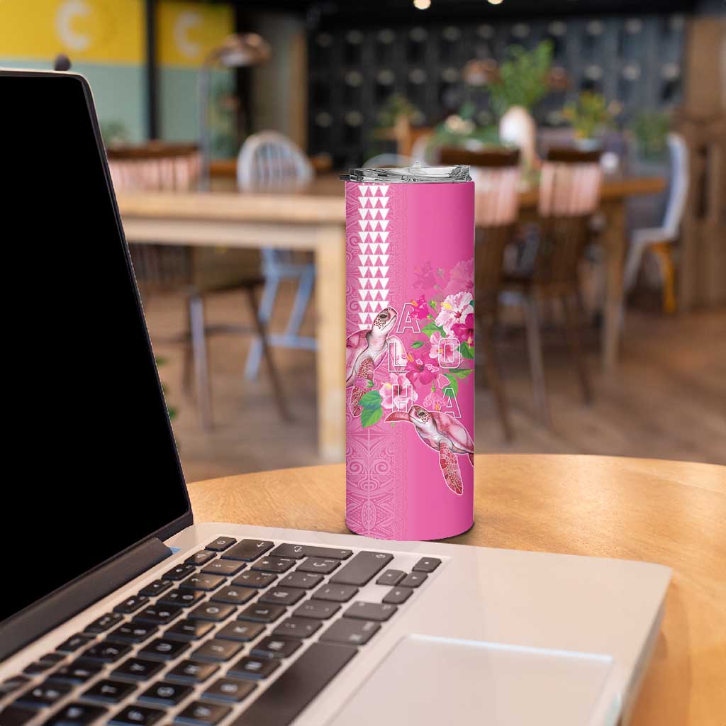 Hawaii Aloha Turtle Hibiscus and Leaves Skinny Tumbler with Polynesian and Kakau Tattoos Rose Color LT03 - Polynesian Pride