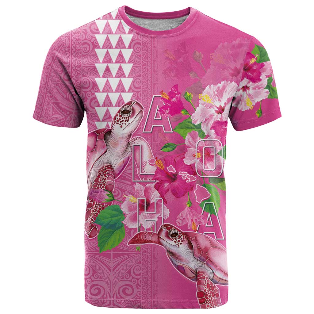 Hawaii Aloha Turtle Hibiscus and Leaves T Shirt with Polynesian and Kakau Tattoos Rose Color - Polynesian Pride