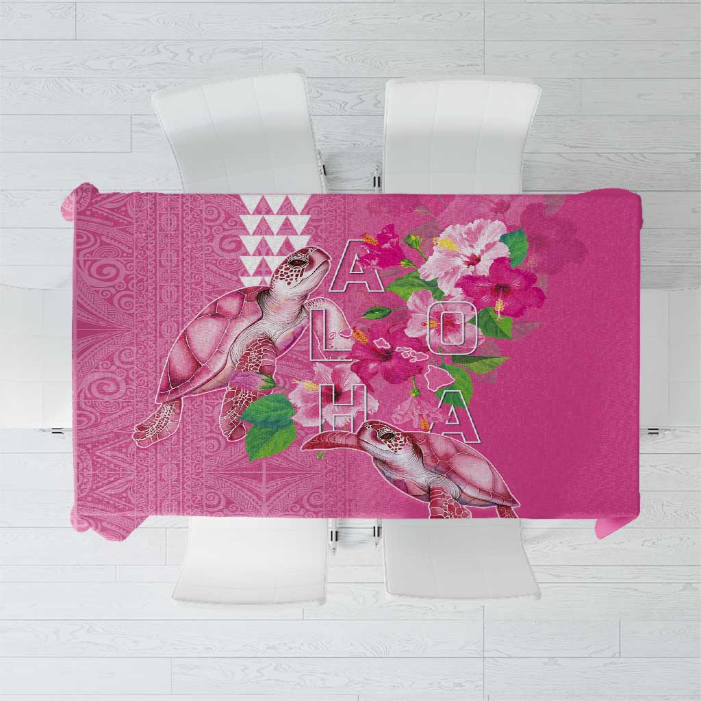 Hawaii Aloha Turtle Hibiscus and Leaves Tablecloth with Polynesian and Kakau Tattoos Rose Color - Polynesian Pride