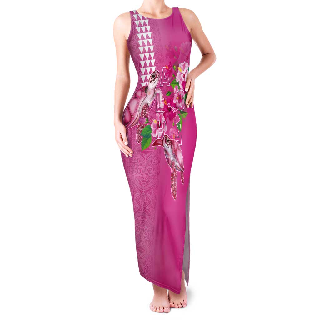 Hawaii Aloha Turtle Hibiscus and Leaves Tank Maxi Dress with Polynesian and Kakau Tattoos Rose Color - Polynesian Pride
