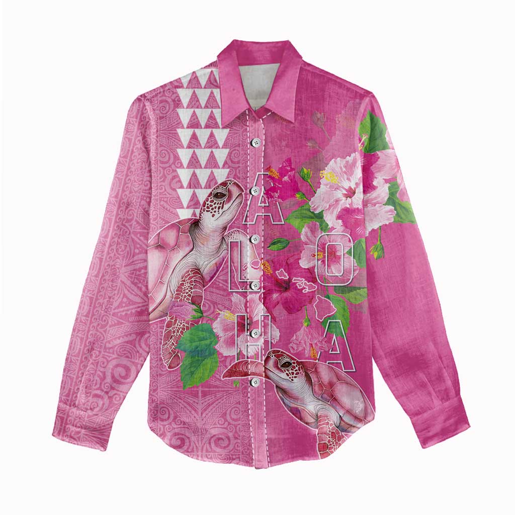 Hawaii Aloha Turtle Hibiscus and Leaves Women Casual Shirt with Polynesian and Kakau Tattoos Rose Color LT03 - Polynesian Pride