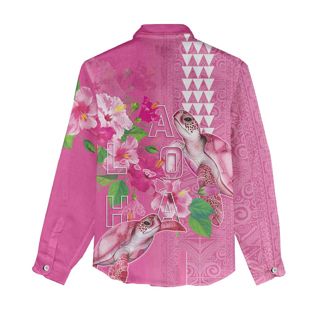 Hawaii Aloha Turtle Hibiscus and Leaves Women Casual Shirt with Polynesian and Kakau Tattoos Rose Color LT03 - Polynesian Pride
