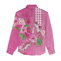 Hawaii Aloha Turtle Hibiscus and Leaves Women Casual Shirt with Polynesian and Kakau Tattoos Rose Color LT03 - Polynesian Pride