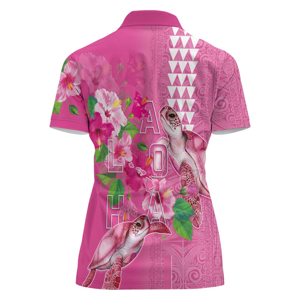 Hawaii Aloha Turtle Hibiscus and Leaves Women Polo Shirt with Polynesian and Kakau Tattoos Rose Color LT03 - Polynesian Pride