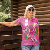 Hawaii Aloha Turtle Hibiscus and Leaves Women Polo Shirt with Polynesian and Kakau Tattoos Rose Color LT03 - Polynesian Pride