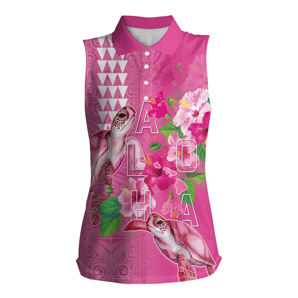Hawaii Aloha Turtle Hibiscus and Leaves Women Sleeveless Polo Shirt with Polynesian and Kakau Tattoos Rose Color LT03 Female Pink - Polynesian Pride