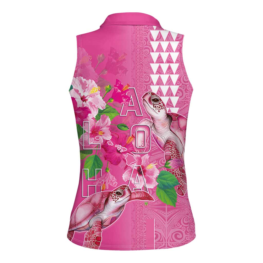 Hawaii Aloha Turtle Hibiscus and Leaves Women Sleeveless Polo Shirt with Polynesian and Kakau Tattoos Rose Color LT03 - Polynesian Pride