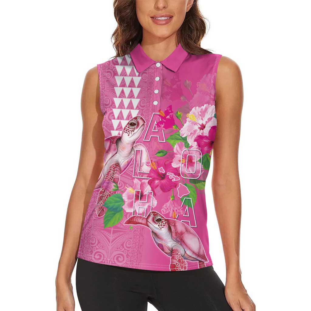 Hawaii Aloha Turtle Hibiscus and Leaves Women Sleeveless Polo Shirt with Polynesian and Kakau Tattoos Rose Color LT03 - Polynesian Pride