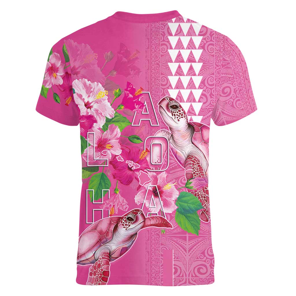 Hawaii Aloha Turtle Hibiscus and Leaves Women V-Neck T-Shirt with Polynesian and Kakau Tattoos Rose Color - Polynesian Pride