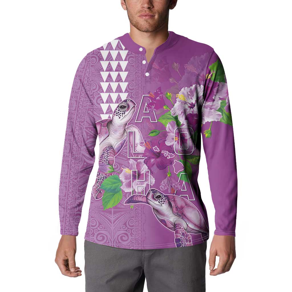 Hawaii Aloha Turtle Hibiscus and Leaves Button Sweatshirt with Polynesian and Kakau Tattoos Lilac Color LT03 - Polynesian Pride