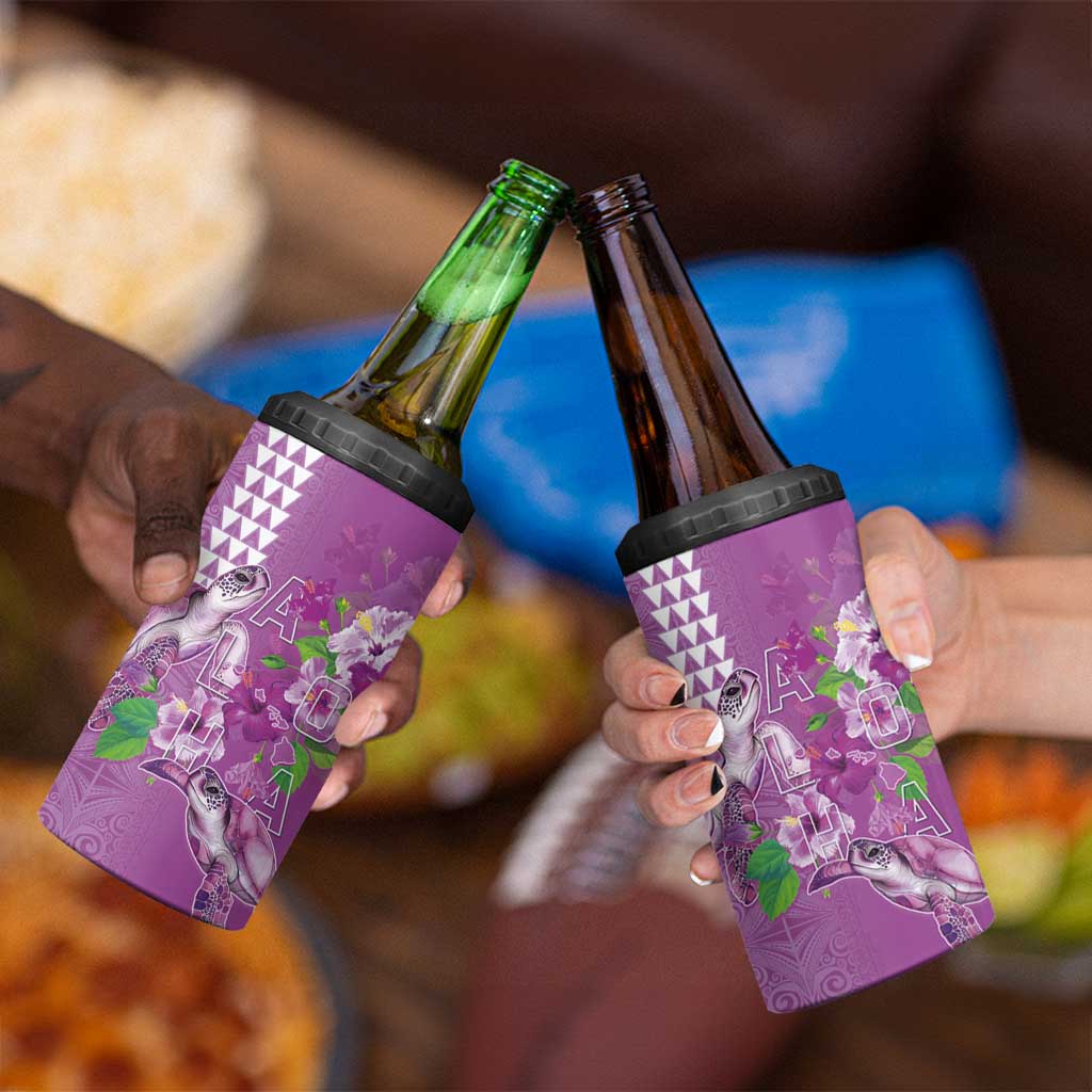 Hawaii Aloha Turtle Hibiscus and Leaves 4 in 1 Can Cooler Tumbler with Polynesian and Kakau Tattoos Lilac Color LT03 - Polynesian Pride