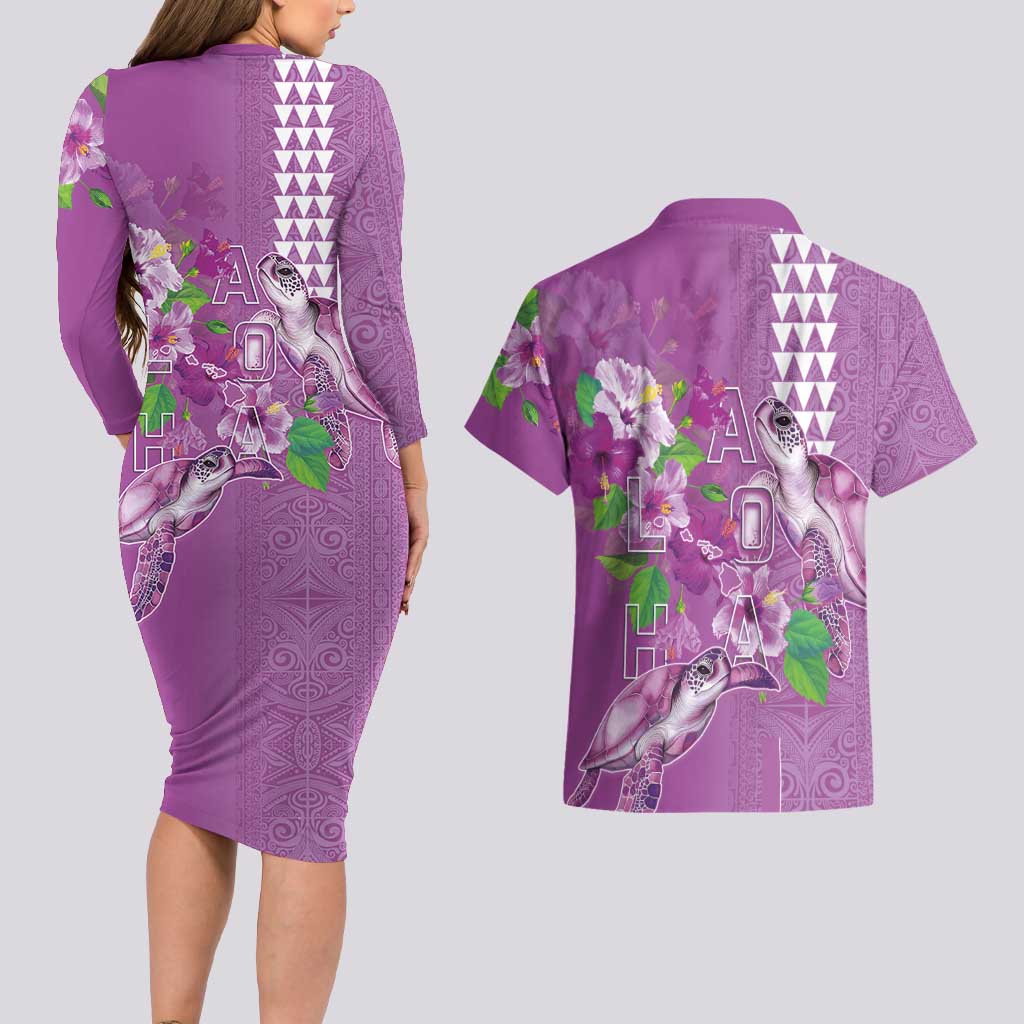 Hawaii Aloha Turtle Hibiscus and Leaves Couples Matching Long Sleeve Bodycon Dress and Hawaiian Shirt with Polynesian and Kakau Tattoos Lilac Color LT03 - Polynesian Pride