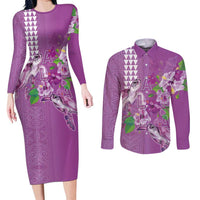 Hawaii Aloha Turtle Hibiscus and Leaves Couples Matching Long Sleeve Bodycon Dress and Long Sleeve Button Shirt with Polynesian and Kakau Tattoos Lilac Color LT03 Purple - Polynesian Pride