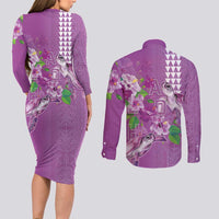 Hawaii Aloha Turtle Hibiscus and Leaves Couples Matching Long Sleeve Bodycon Dress and Long Sleeve Button Shirt with Polynesian and Kakau Tattoos Lilac Color LT03 - Polynesian Pride