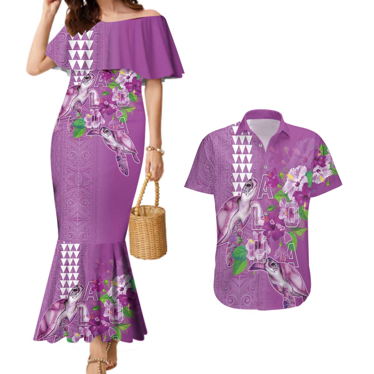 Hawaii Aloha Turtle Hibiscus and Leaves Couples Matching Mermaid Dress and Hawaiian Shirt with Polynesian and Kakau Tattoos Lilac Color LT03 Purple - Polynesian Pride