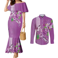 Hawaii Aloha Turtle Hibiscus and Leaves Couples Matching Mermaid Dress and Long Sleeve Button Shirt with Polynesian and Kakau Tattoos Lilac Color LT03 Purple - Polynesian Pride