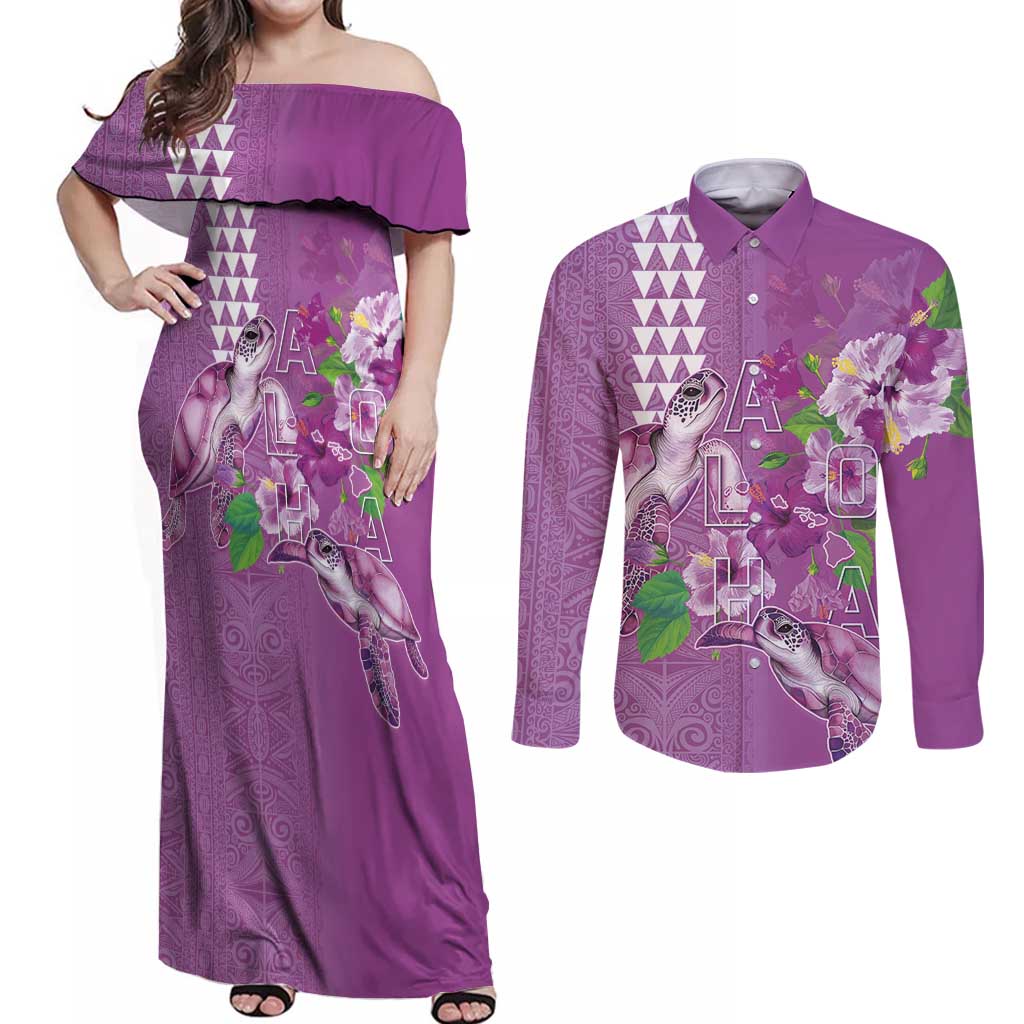 Hawaii Aloha Turtle Hibiscus and Leaves Couples Matching Off Shoulder Maxi Dress and Long Sleeve Button Shirt with Polynesian and Kakau Tattoos Lilac Color LT03 Purple - Polynesian Pride