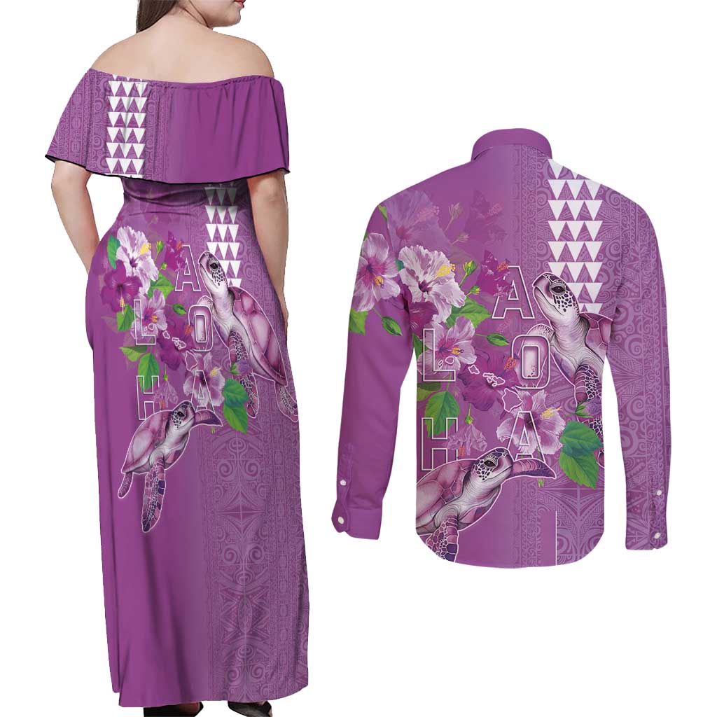 Hawaii Aloha Turtle Hibiscus and Leaves Couples Matching Off Shoulder Maxi Dress and Long Sleeve Button Shirt with Polynesian and Kakau Tattoos Lilac Color LT03 - Polynesian Pride