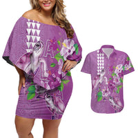 Hawaii Aloha Turtle Hibiscus and Leaves Couples Matching Off Shoulder Short Dress and Hawaiian Shirt with Polynesian and Kakau Tattoos Lilac Color LT03 Purple - Polynesian Pride