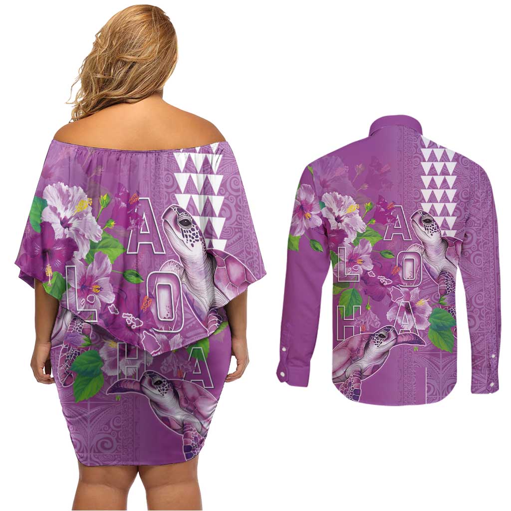 Hawaii Aloha Turtle Hibiscus and Leaves Couples Matching Off Shoulder Short Dress and Long Sleeve Button Shirt with Polynesian and Kakau Tattoos Lilac Color LT03 - Polynesian Pride