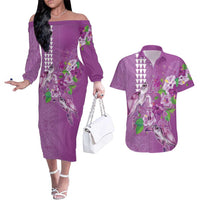 Hawaii Aloha Turtle Hibiscus and Leaves Couples Matching Off The Shoulder Long Sleeve Dress and Hawaiian Shirt with Polynesian and Kakau Tattoos Lilac Color LT03 Purple - Polynesian Pride
