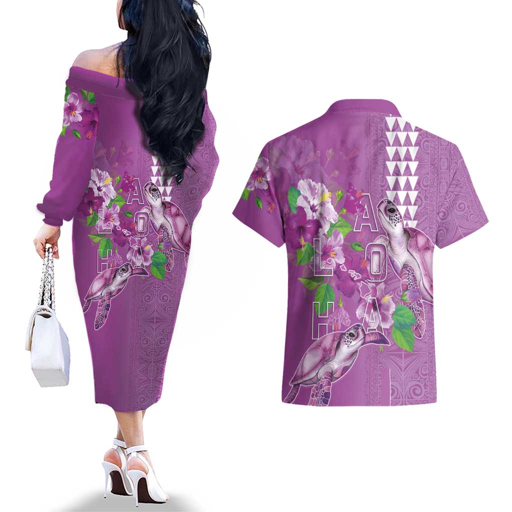 Hawaii Aloha Turtle Hibiscus and Leaves Couples Matching Off The Shoulder Long Sleeve Dress and Hawaiian Shirt with Polynesian and Kakau Tattoos Lilac Color LT03 - Polynesian Pride