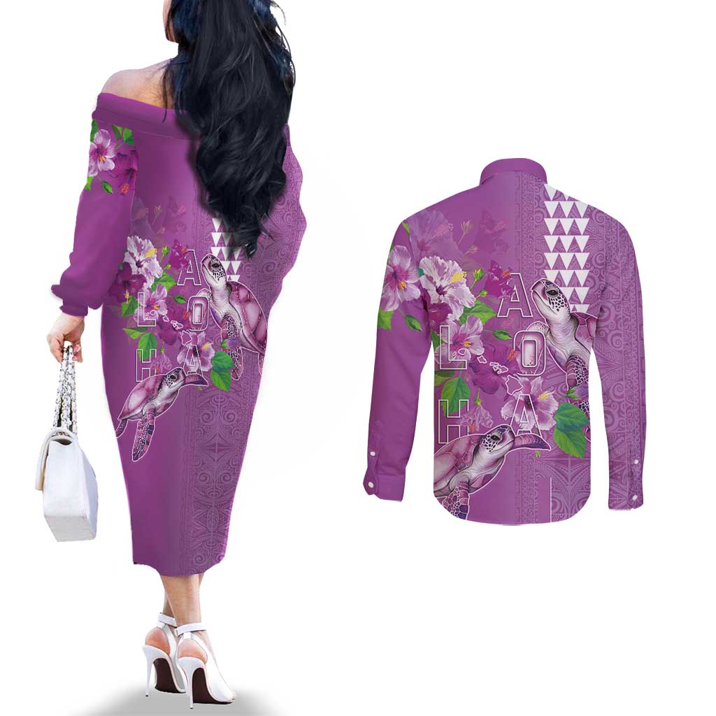 Hawaii Aloha Turtle Hibiscus and Leaves Couples Matching Off The Shoulder Long Sleeve Dress and Long Sleeve Button Shirt with Polynesian and Kakau Tattoos Lilac Color LT03 - Polynesian Pride