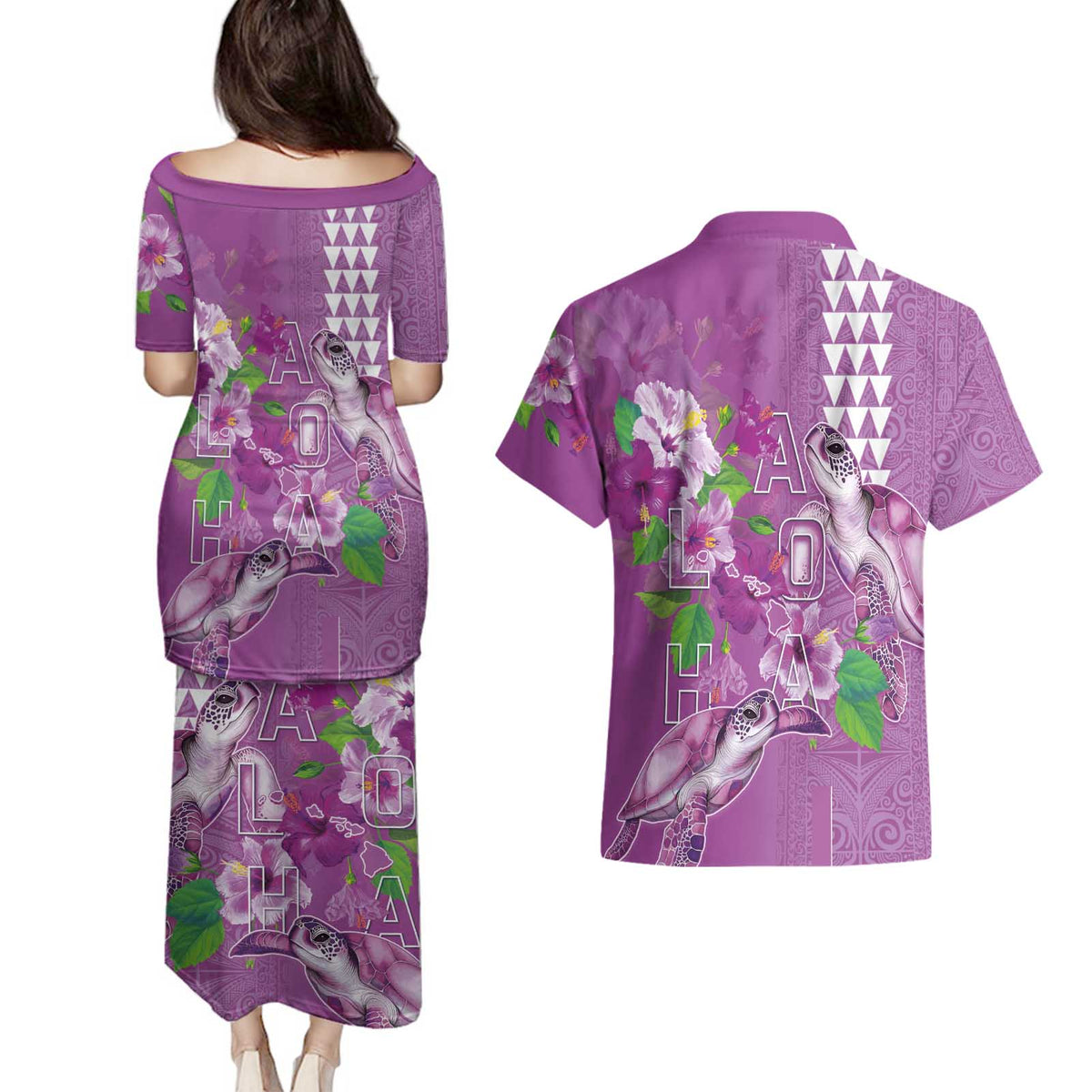 Hawaii Aloha Turtle Hibiscus and Leaves Couples Matching Puletasi and Hawaiian Shirt with Polynesian and Kakau Tattoos Lilac Color LT03 - Polynesian Pride